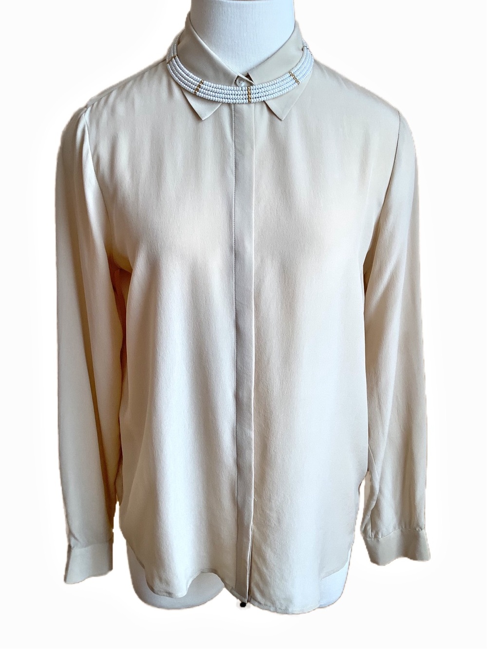 En Thread Beige Silk Button Front Blouse Hidden Placket NWOT Small Tan